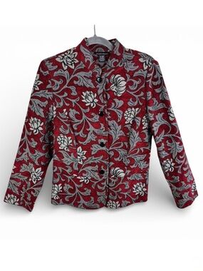 Portrait Red Grey Floral Tapestry Jacquard Button Front Blazer Jacket Medium